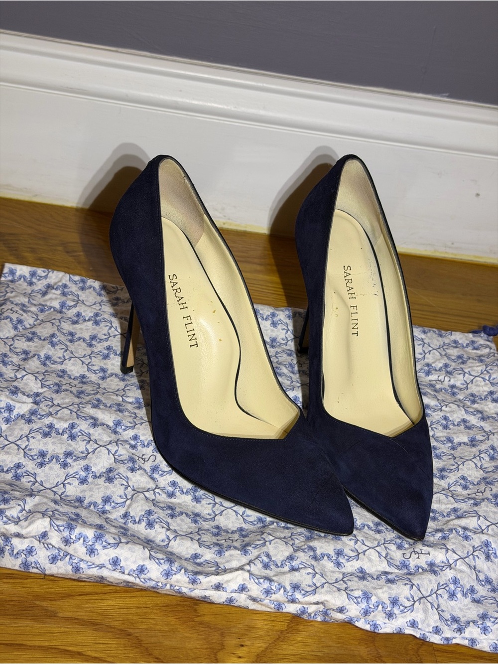 Sarah Flint Navy Suede Pointed Pumps
